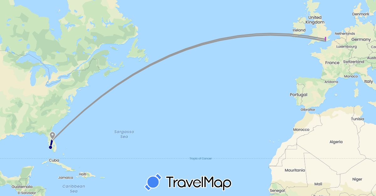 TravelMap itinerary: driving, plane, train in United Kingdom, United States (Europe, North America)
